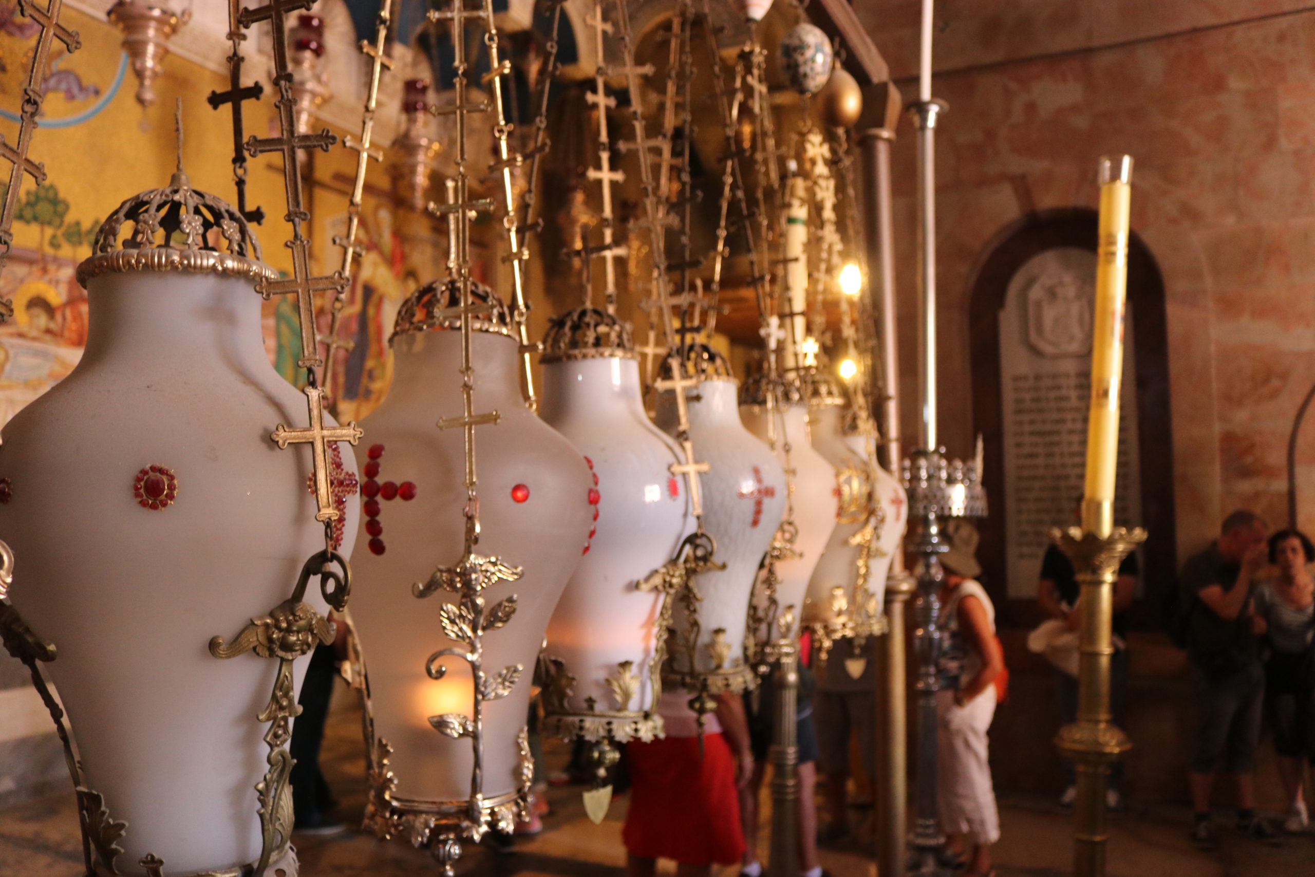 Oil lamps above the Stone of Anointing, Church of the Holy Sepulchre, Jerusalem